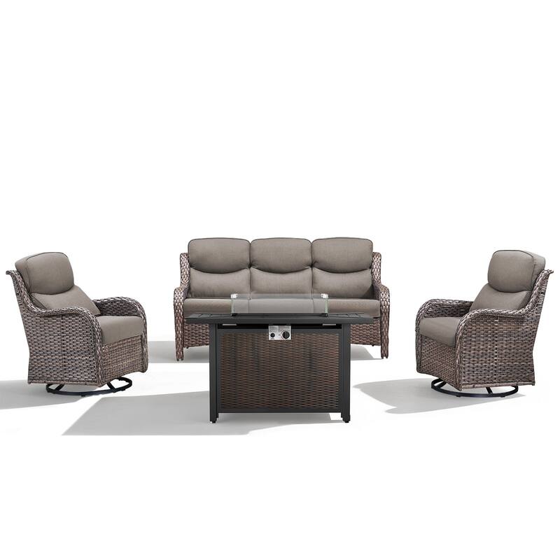 Meyreso 4-Piece Outdoor Patio Metal Fire Pit Wicker Conversation Set with 5-Inch Thick Olefin Cushions