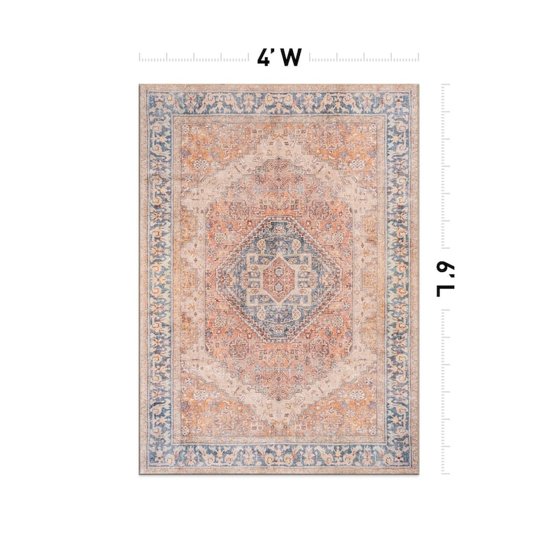 Beige Medallion Flat Pile Washable Rug - Pet Friendly, Non-Slip for Entryway and Bedroom