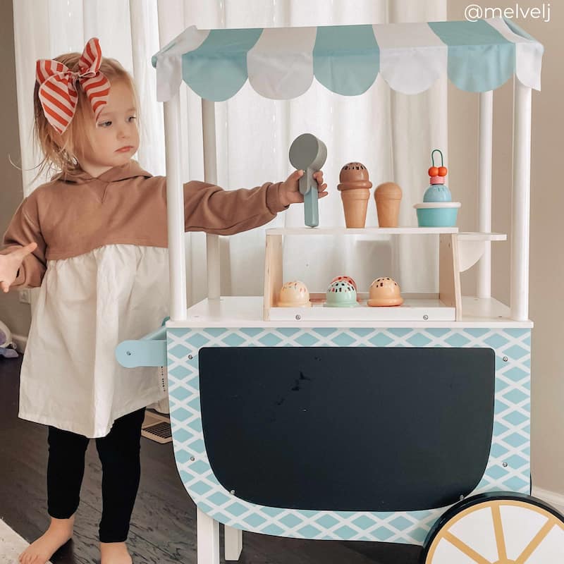 Teamson Kids Wooden Ice Cream Cart Pretend Play Food Set with33 pcs Accessory Set for Toddlers