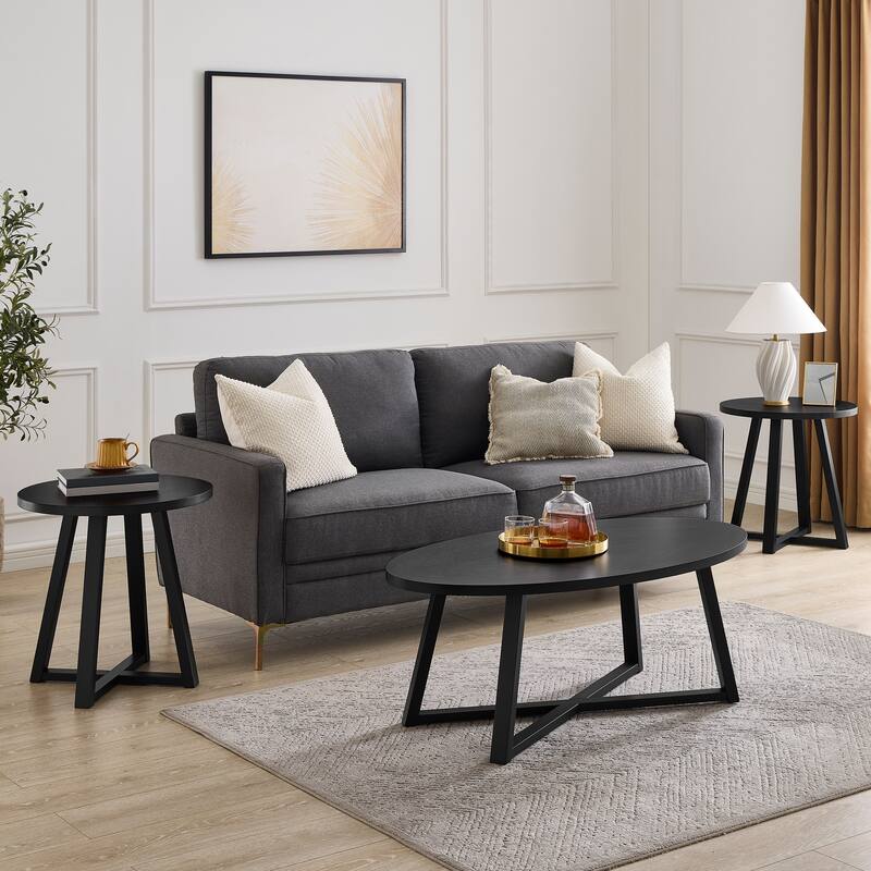 Roundhill Furniture Modern Harmony 3-Piece Wood Oval Coffee Table Set - Sleek Black