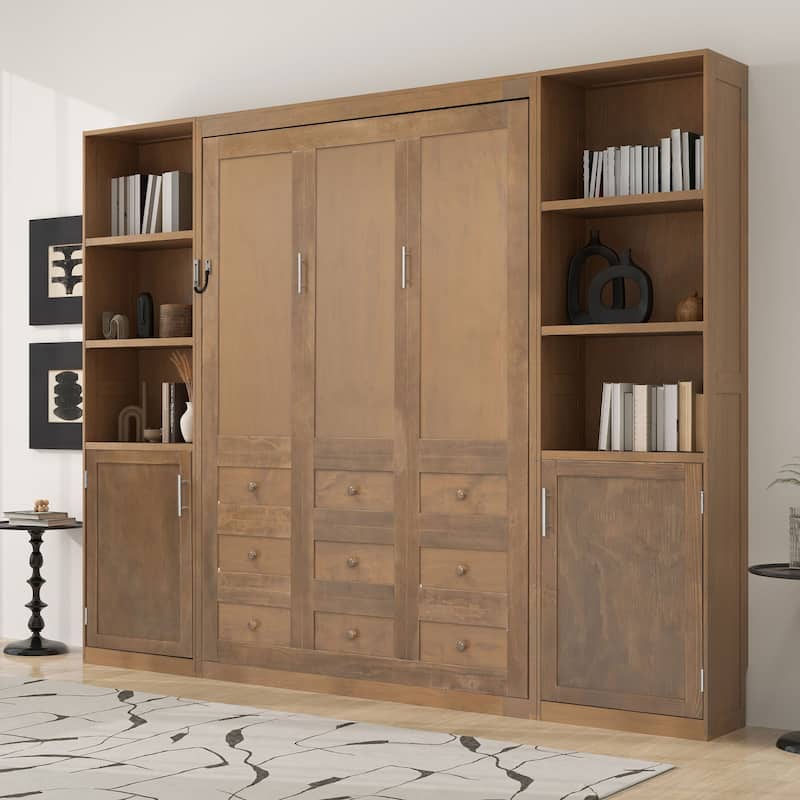 Queen Size Murphy Bed with 2 Storage Bookshelf, Cabinets, Platform Bookcase Bed, Space-Saving Cube Cabinet Bed