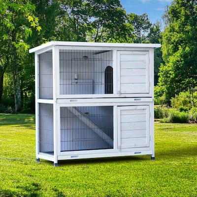 Rabbit Hutch,2-Story Rabbit Bunny Cage Indoor with Run,,2 Removable No-Leak Trays,Pet Cages,Non-Slip Ramp,Waterproof Roof,Fence