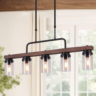 Modern Farmhouse 5-Light Wood Linear Chandelier Cylinder Glass Pendant Lights for Dining Room - 38.5"L x 12"H