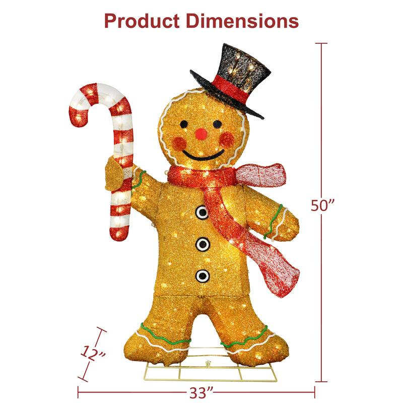 Puleo International 50" Pre-Lit Outdoor Gingerbread Man Christmas Holiday Decor with 120 Warm White Twinkling LED Lights - Brown