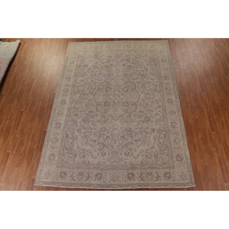 Vintage Distressed Tabriz Persian Rug Geometric Handmade Wool Carpet - 9'6" x 13'1"