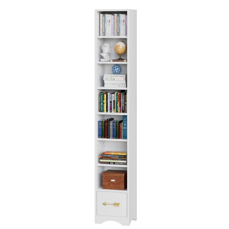 Javlergo Tall 7-Tier Adjustable Corner Bookcase with Drawer MDF Storage Shelf for Living Room Bedroom Kitchen and Entryway