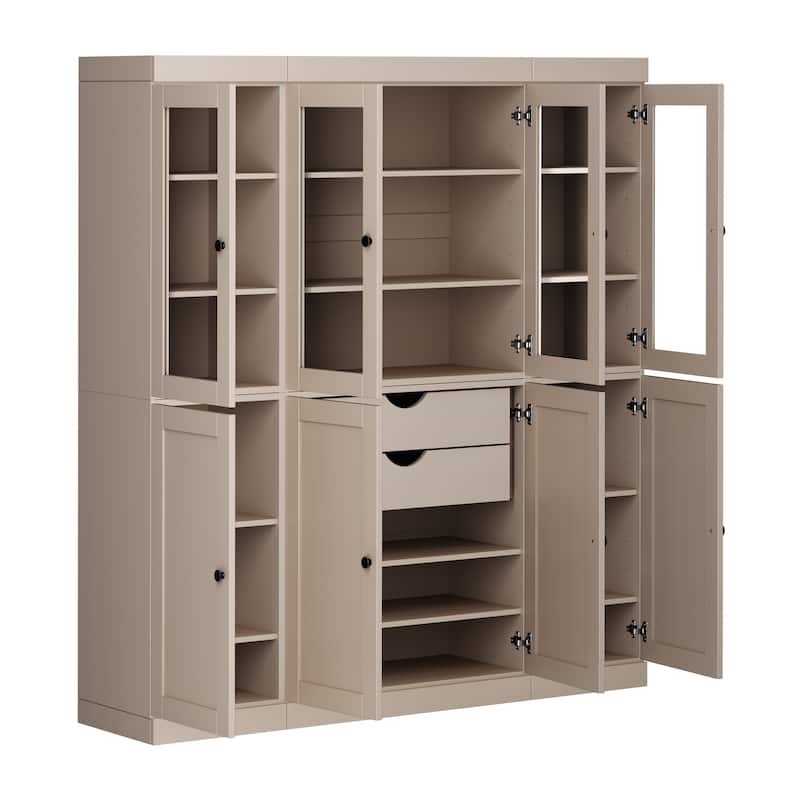 Palace Imports 100% Solid Wood 65" Pantry Cabinet with Clear Glass, Shaker Doors, 2-Drawers and Adjustable Shelves
