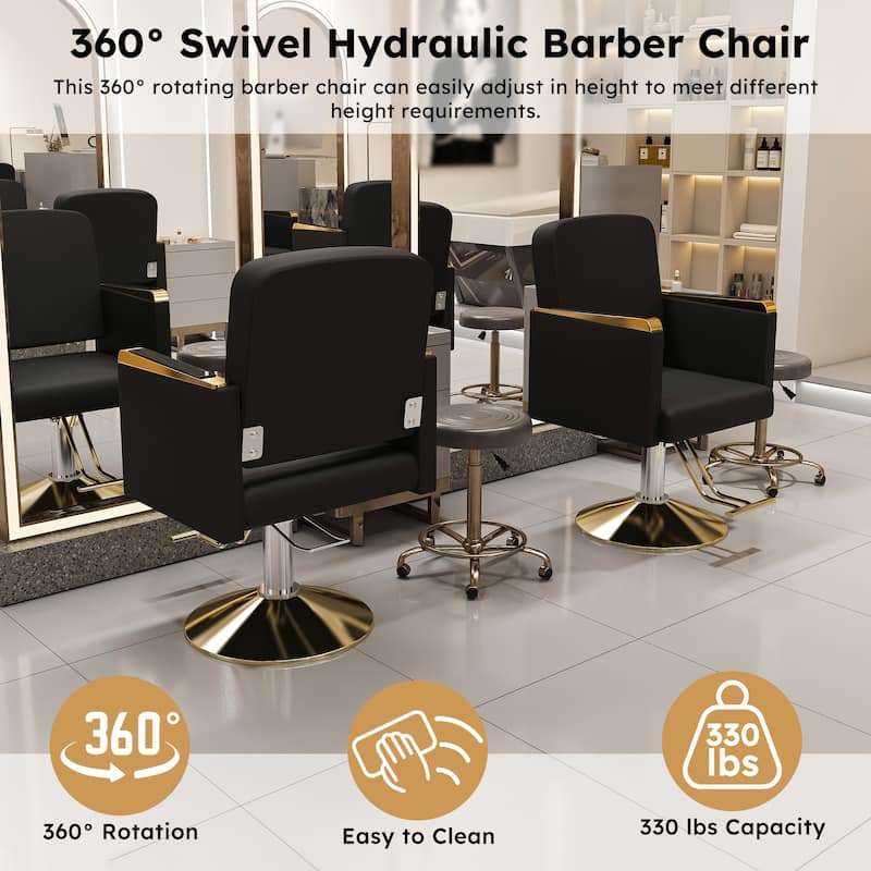 Roomfitters Hydraulic Salon Chair with 360° Swivel, Heavy Duty Barber Stylist Chair with Non-Tilting Gold Base, Black and Gold