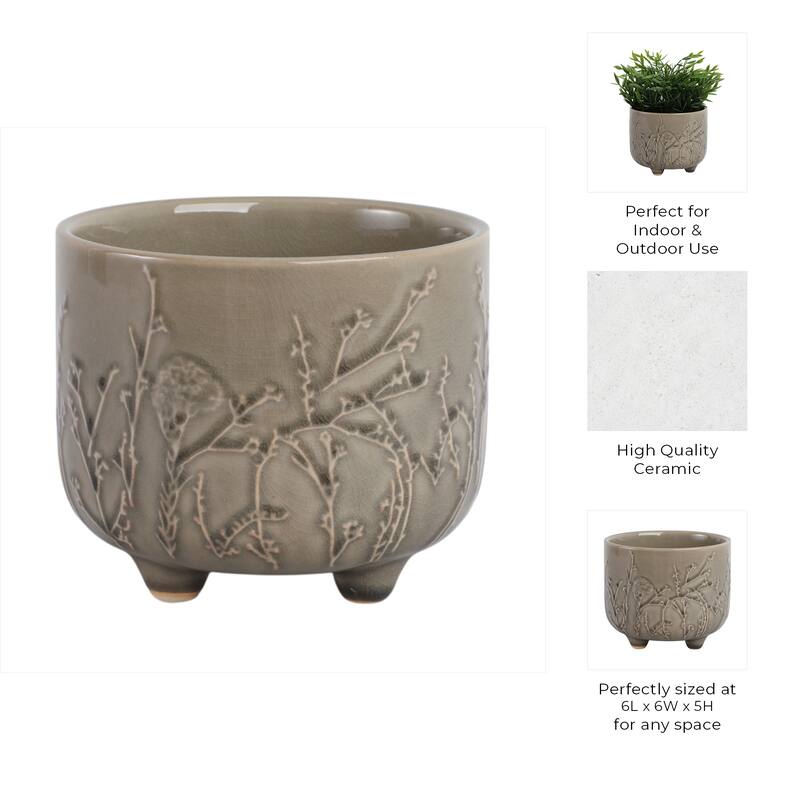 Ceramic Stoneware Planter with Raised Botanical Texture Footed Base