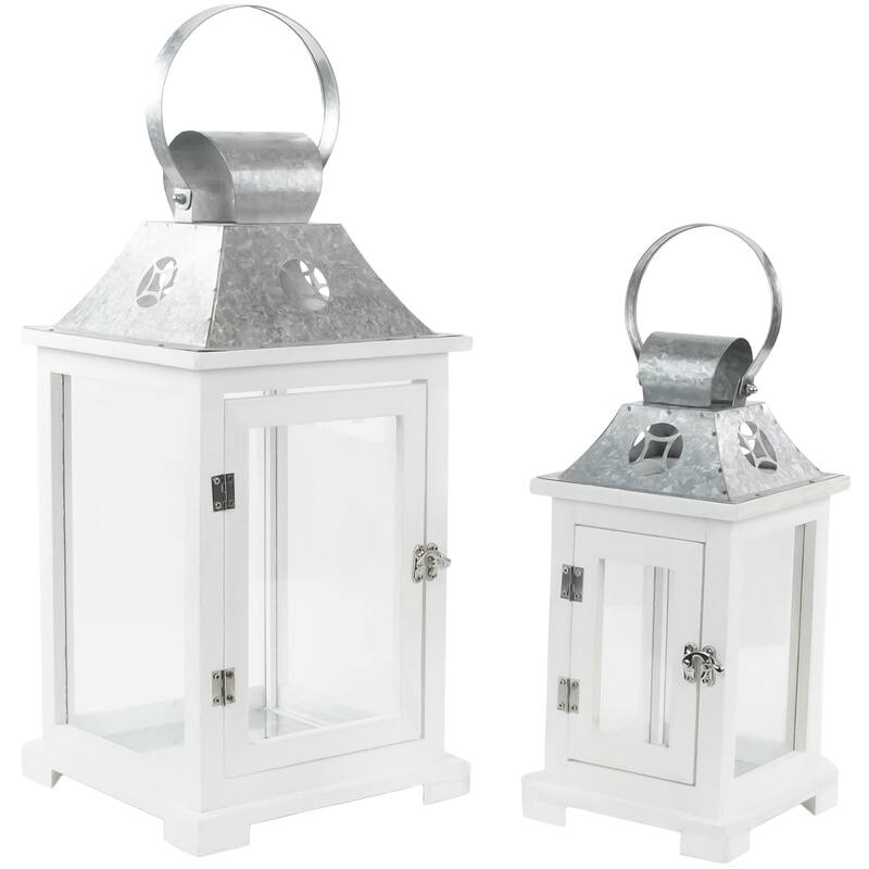Wooden Candle Lanterns with Galvanized Metal Tops - 19.5" - White - Set of 2