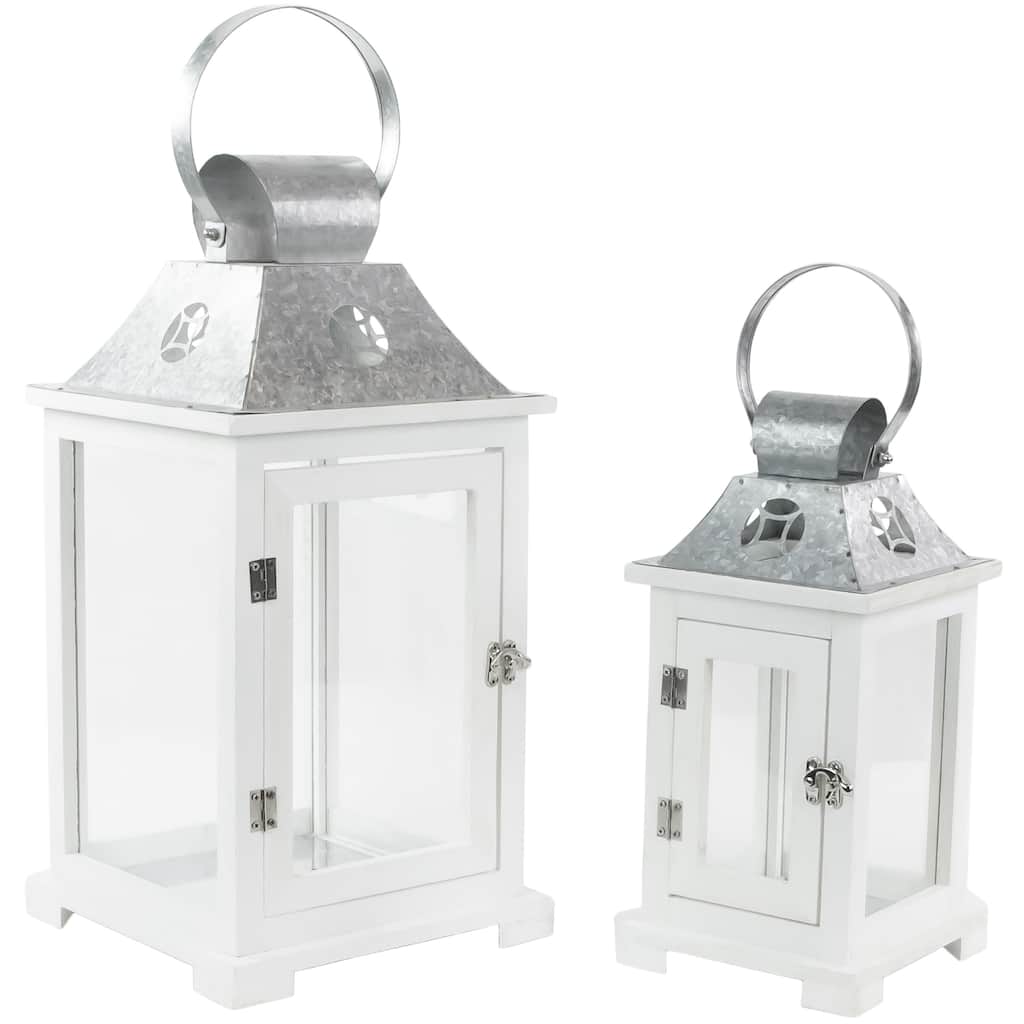 Wooden Candle Lanterns with Galvanized Metal Tops - 19.5" - White - Set of 2
