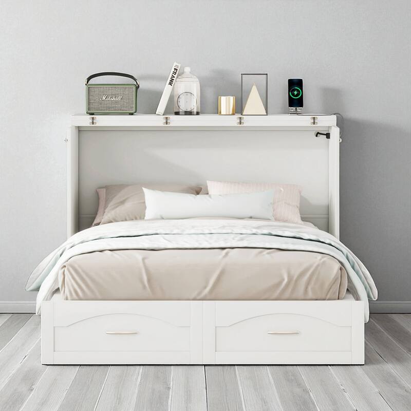 Full/Queen Size Murphy Wall Bed with USB Ports, Power Outlets, Drawers, Pulley System and Foldable Cabinet Design - White - Full
