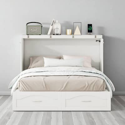 Full/Queen Size Murphy Wall Bed with USB Ports, Power Outlets, Drawers, Pulley System and Foldable Cabinet Design