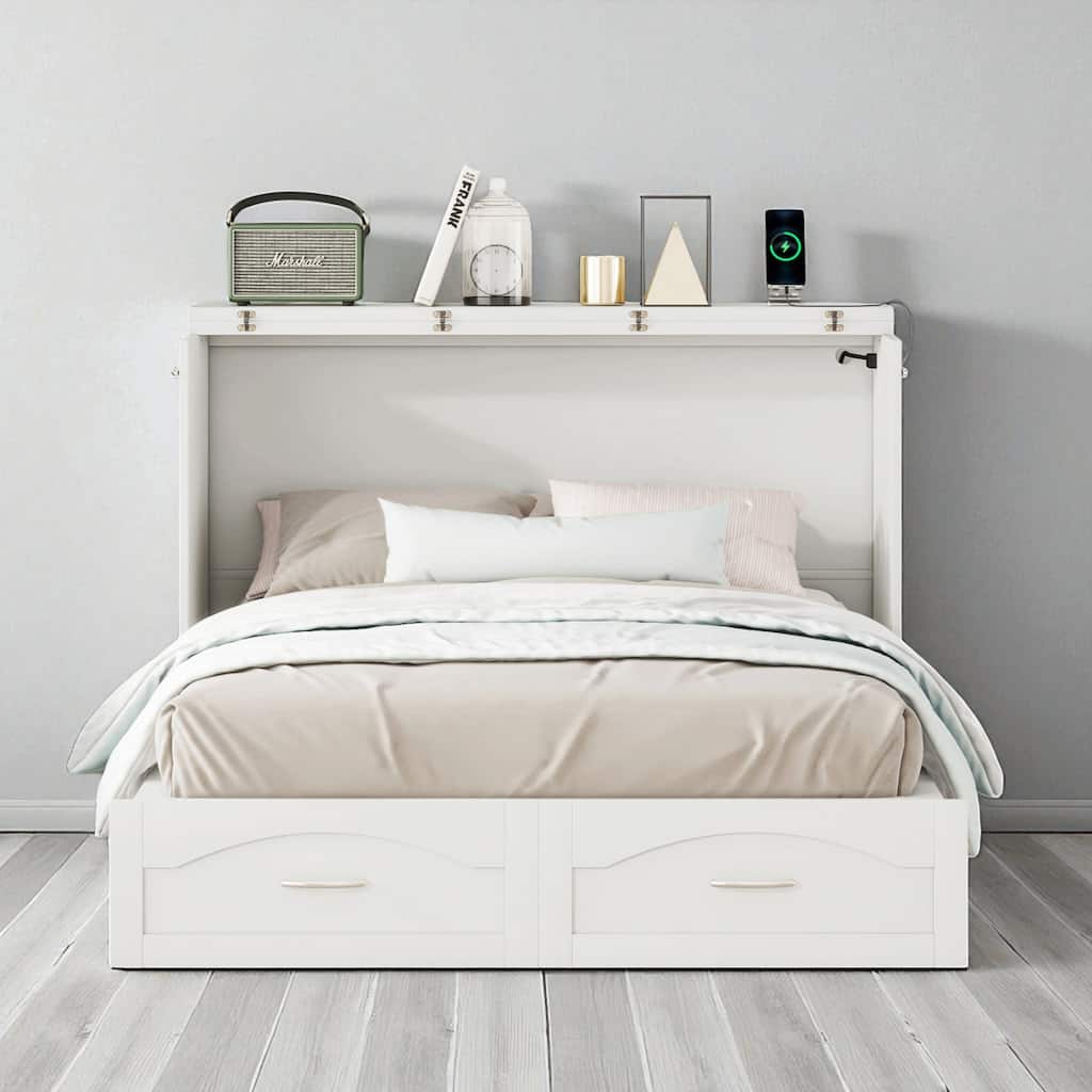 Full/Queen Size Murphy Wall Bed with USB Ports, Power Outlets, Drawers, Pulley System and Foldable Cabinet Design