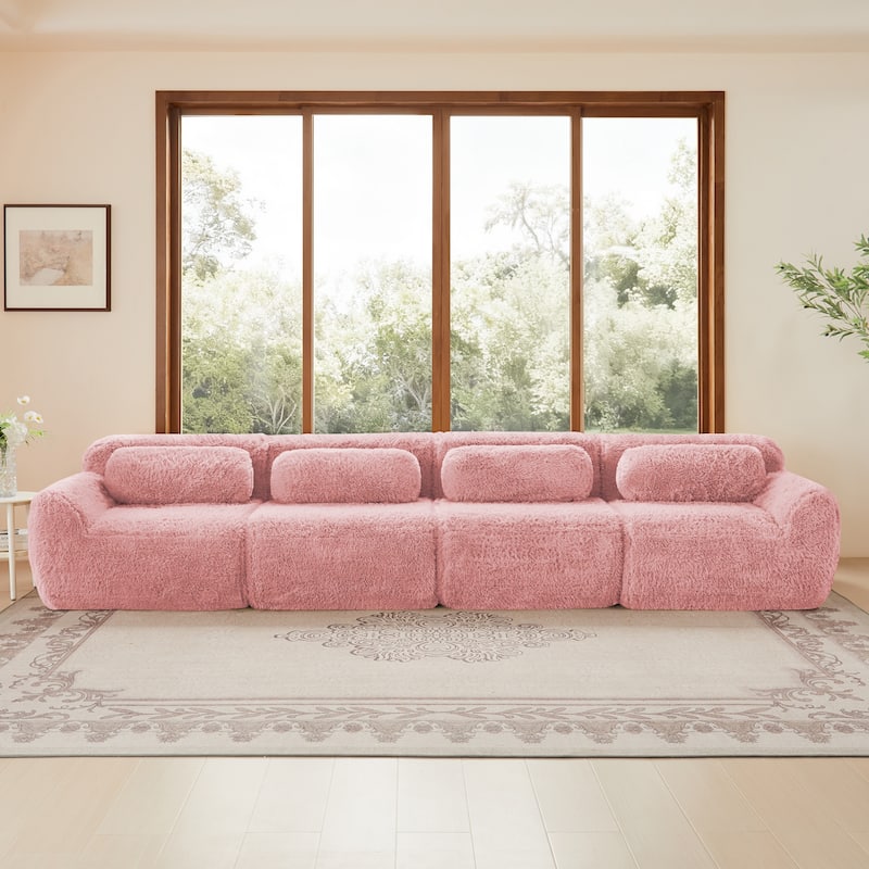 Roomfitters 114 Inch Modular Floor Sofa, Fluffy Plush Sectional with Ottoman, Chocolate - Pink 149''