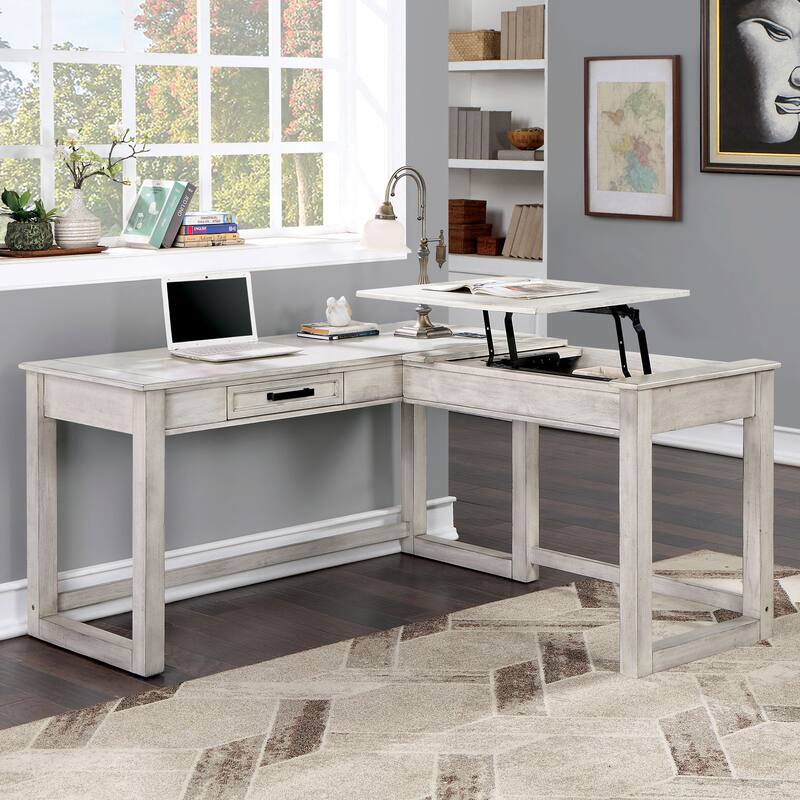 Lemper Farmhouse Antique White Wood Lift-Top Corner Desk with USB Port by Furniture of America