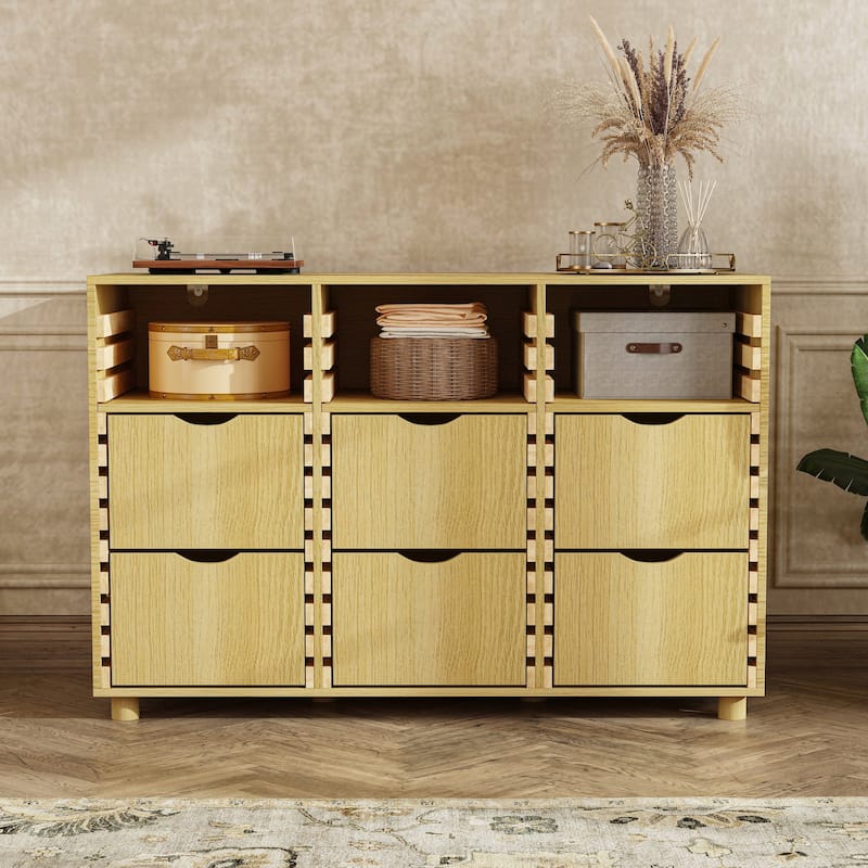 Buffet Sideboard 6-Drawer Wood Storage Cabinet with Adjustable Shelves, Solid Slat Panels