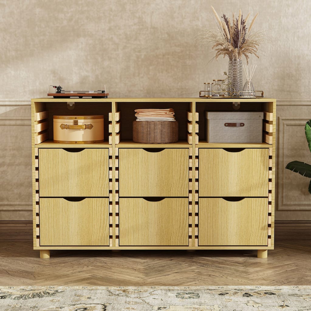 Buffet Sideboard 6-Drawer Wood Storage Cabinet with Adjustable Shelves, Solid Slat Panels