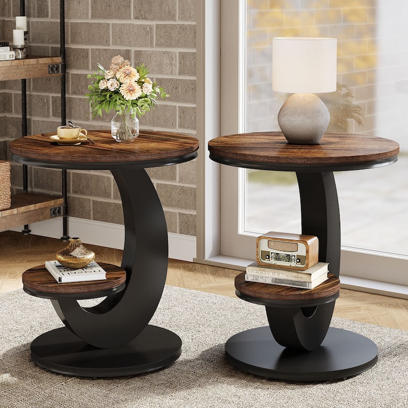 Round End Table, 2 Tiers Side Table with Storage Shelf