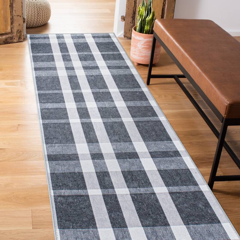 Contemporary Modern Plaid Machine Washable Area Rug