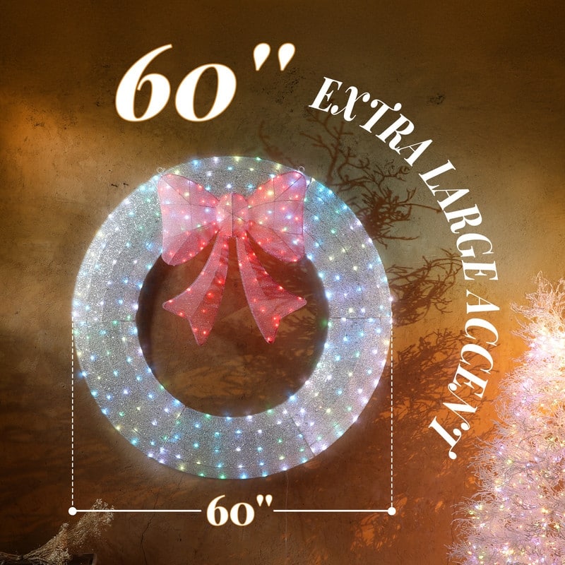 60in Pre-lit Outdoor Christmas Wreath Decoration, Lighted Metal Wreath with Pink Bow,for Front Door Gate Wall Holiday Party