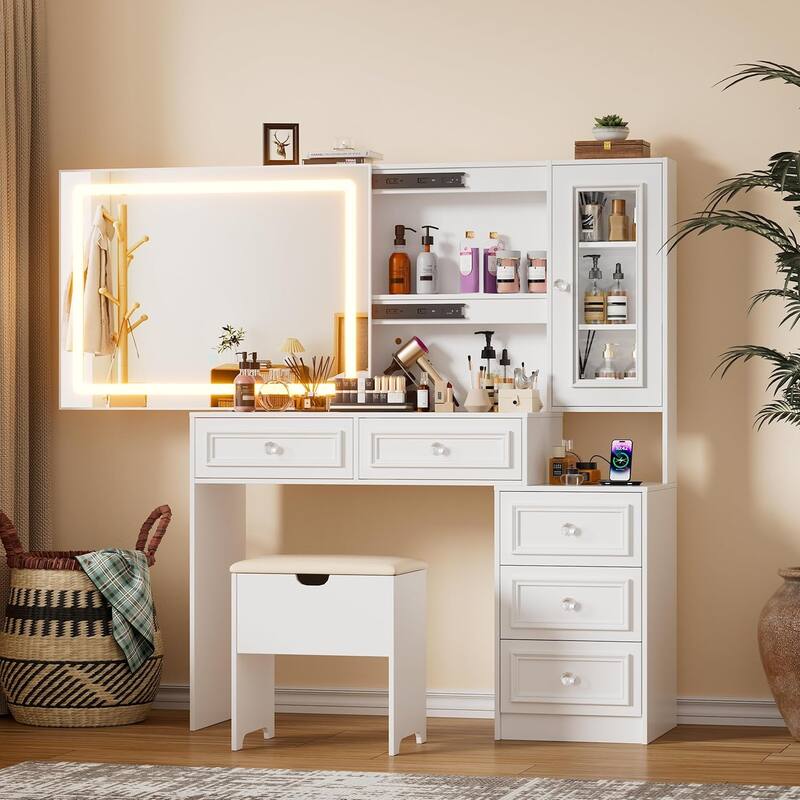 Vanity Desk Set with Sliding Lighted Mirror & Stool, 5 Drawers, Storage Cabinet, Charging Station