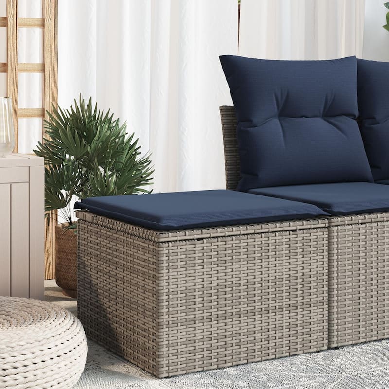 vidaXL Patio Stool with Cushion Ottoman Seating Poly Rattan Brown/Gray/Black - 21.7x21.7x14.6 in