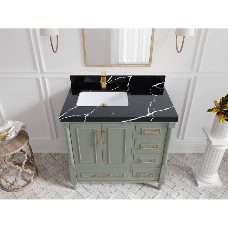 Willow Collections 36 in. W x 22 in. D Aberdeen Left Offset Sink Bathroom Vanity with Countertop - 2" Calacatta Black - Evergreen