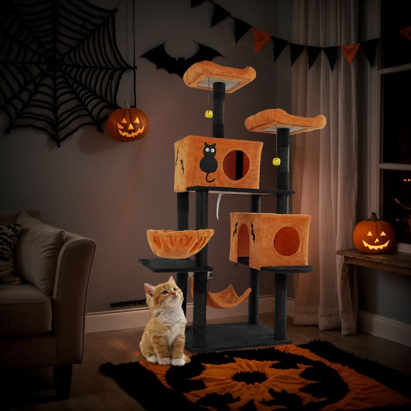 61" Cat Tree Tower with Condos, Perches, Hammocks & Scratching Posts - Orange-Black