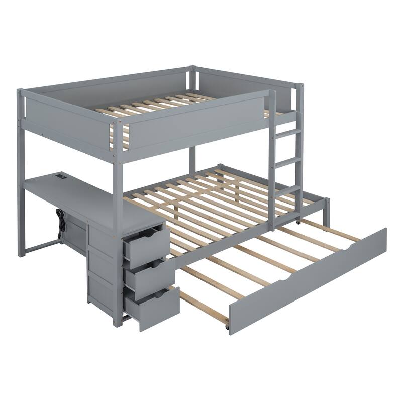 Full-Over-Full Bunk Bed with Twin Trundle, Storage, Desk, and USB Ports, Gray