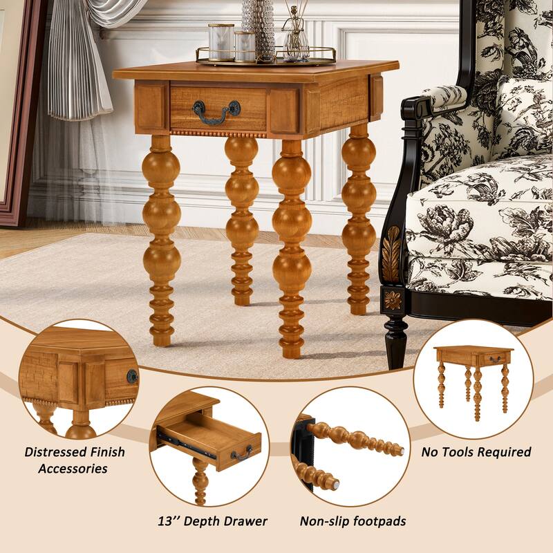 Narrow Sofa Side Table Accent Table Solid Wood End Table with Drawer