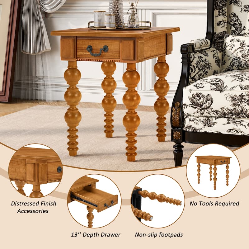 Solid Wood Table Sets of 3 with Coffee Table and 2 End Tables, Vintage Tables with Storage Drawers and Unique Gourd-Shaped Legs