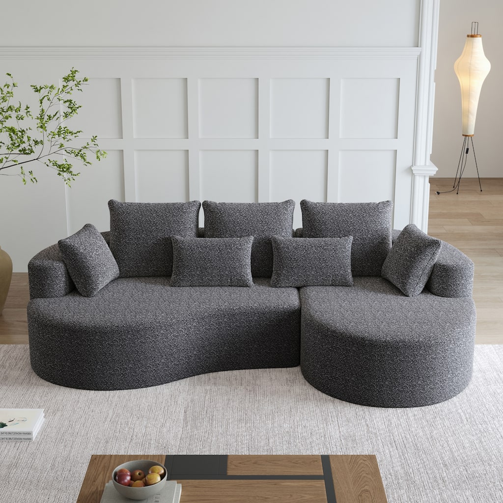 Roomfitters 105" Curved Sectional Sofa, 4-Seater Kidney Shaped Boucle Fabric Couch with 6 Pillows for Living Room