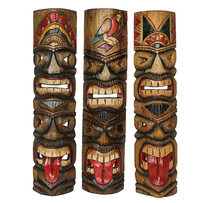 Zeckos 24 Inch Double Tiki Mask Totem Wall Sculptures (Set Of 5)