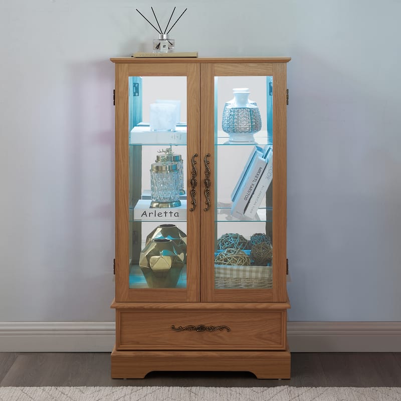 Elegant Lighted Curio Cabinet With Customizable Shelving - Two Glass Doors, Built-In Storage Drawer .