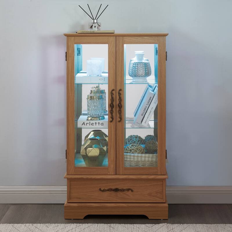 GDF Studio - Lighted Curio Cabinet with Adjustable Shelves and Built-In Drawer.
