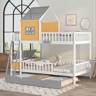Full over Full Bunk Bed with Twin Size Trundle,Farmhouse Bed with Drawer and Storage Box,Housebed