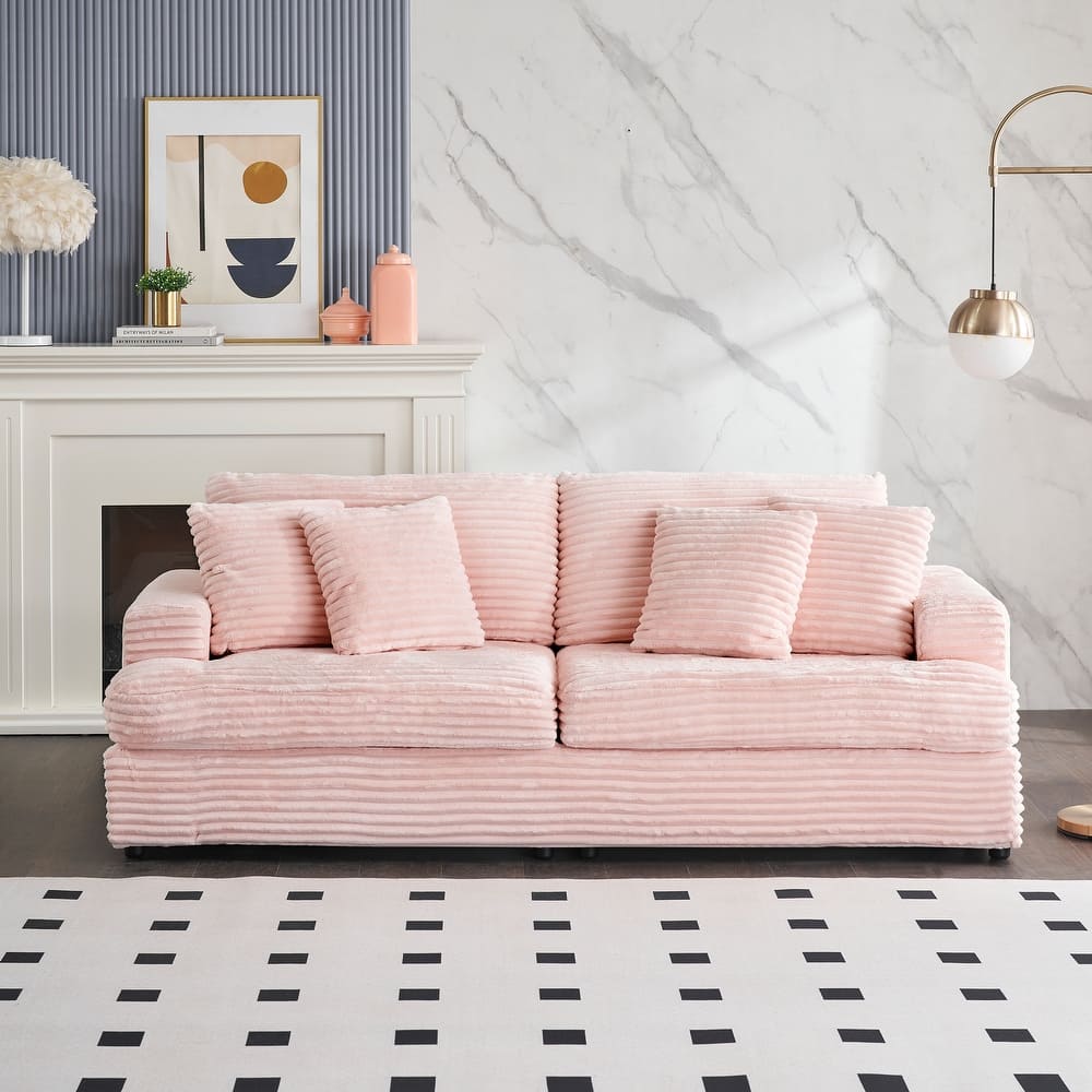 Modern Corduroy Upholstered Sofa Paired with 4 Throw Pillows