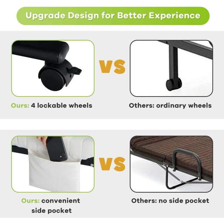 Adjustable Folding Guest Bed Frame with Mattress and Wheels