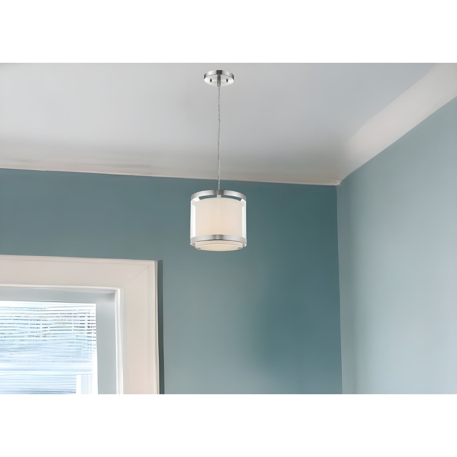 HomeRoots White and Silver Hanging Light with Fabric Shade - 8' X '8' X '8