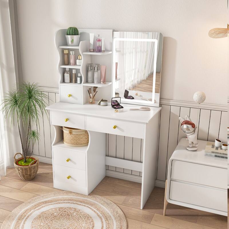 Vanity Desk with Sliding Mirror and Lights White Makeup Vanities with 5 Drawers ，movable and hidden mirror