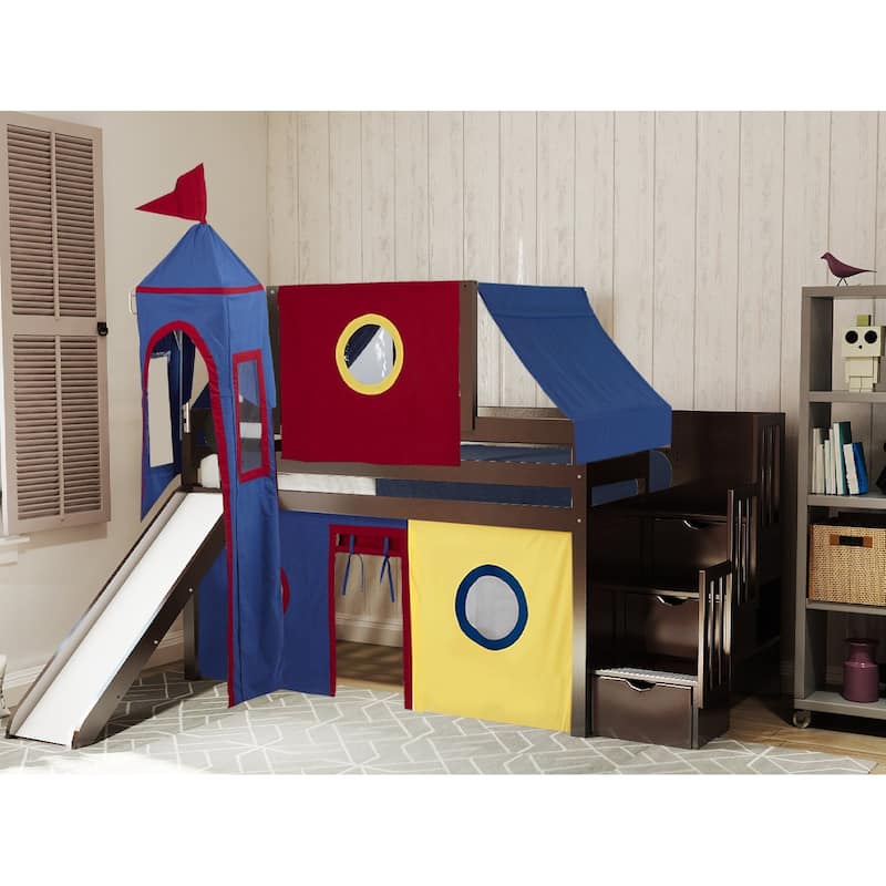 JACKPOT Prince & Princess Low Loft Twin Bed, Stairs Slide Tent & Tower - Cherry with Red Blue & Yellow Tent