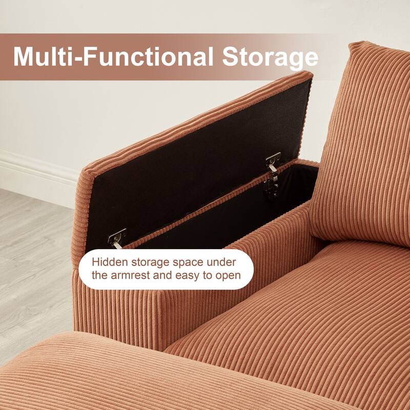 U-shaped corduroy sofa with removable footstool and storage armrests