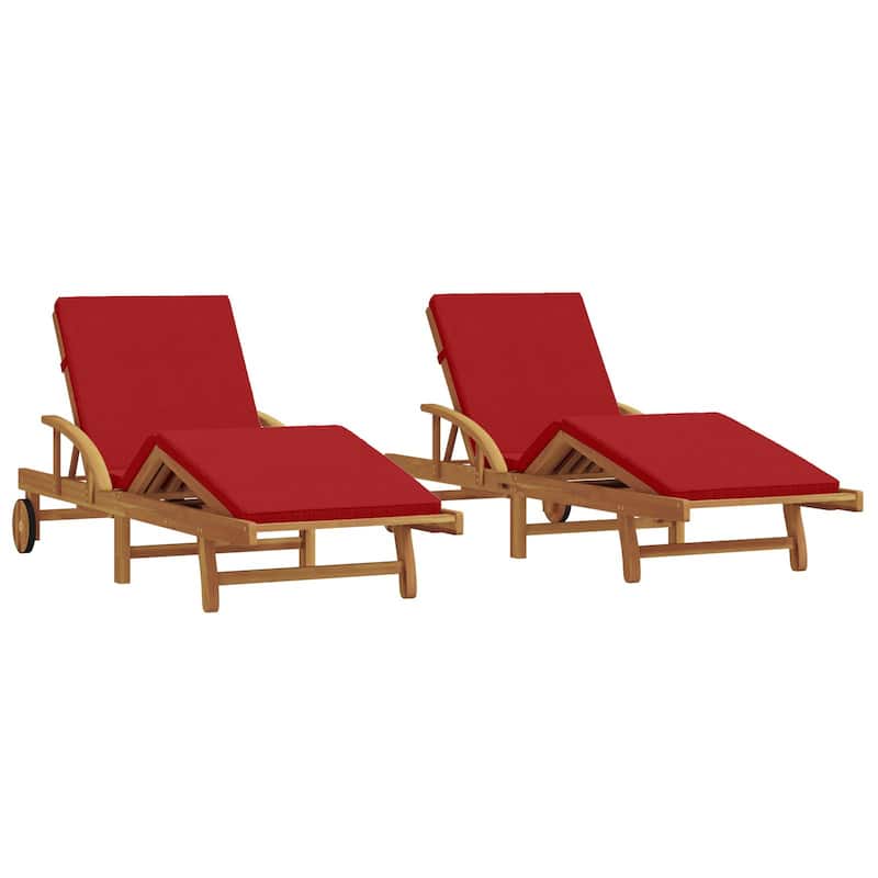 vidaXL Sun Loungers 2 pcs with Cushions and Wheels Red Solid Wood Acacia - 78.7 x 26.4 x 33.1