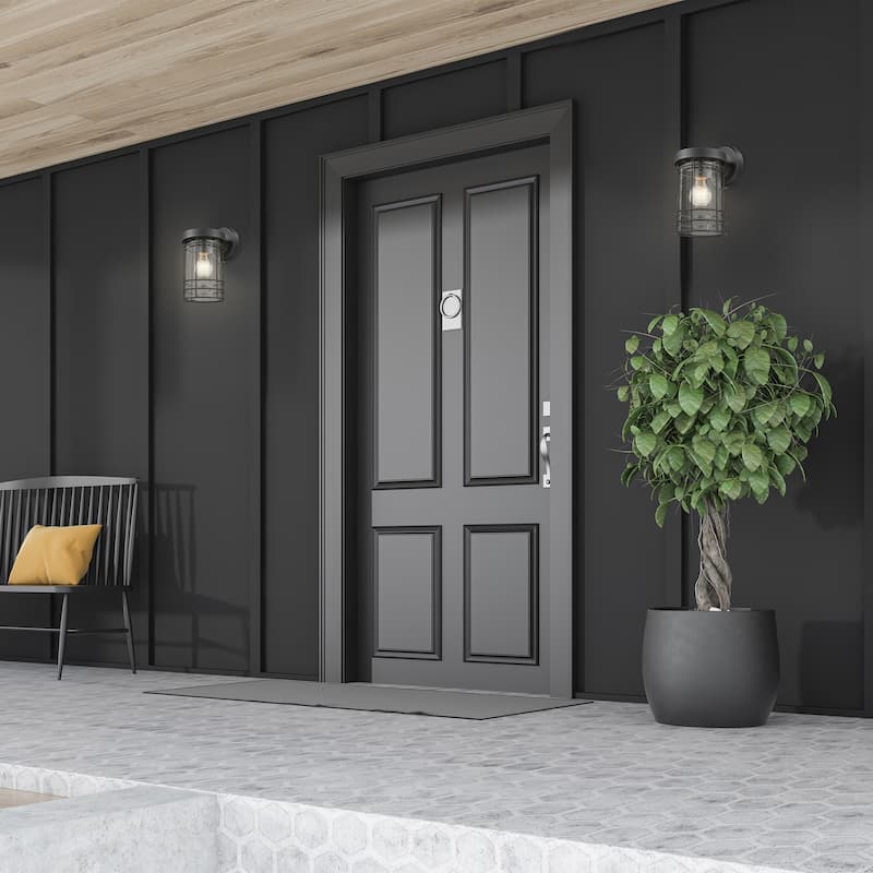 Textured Black 1- Light Outdoor Cylinder Wall Sconce with Seedy Glass