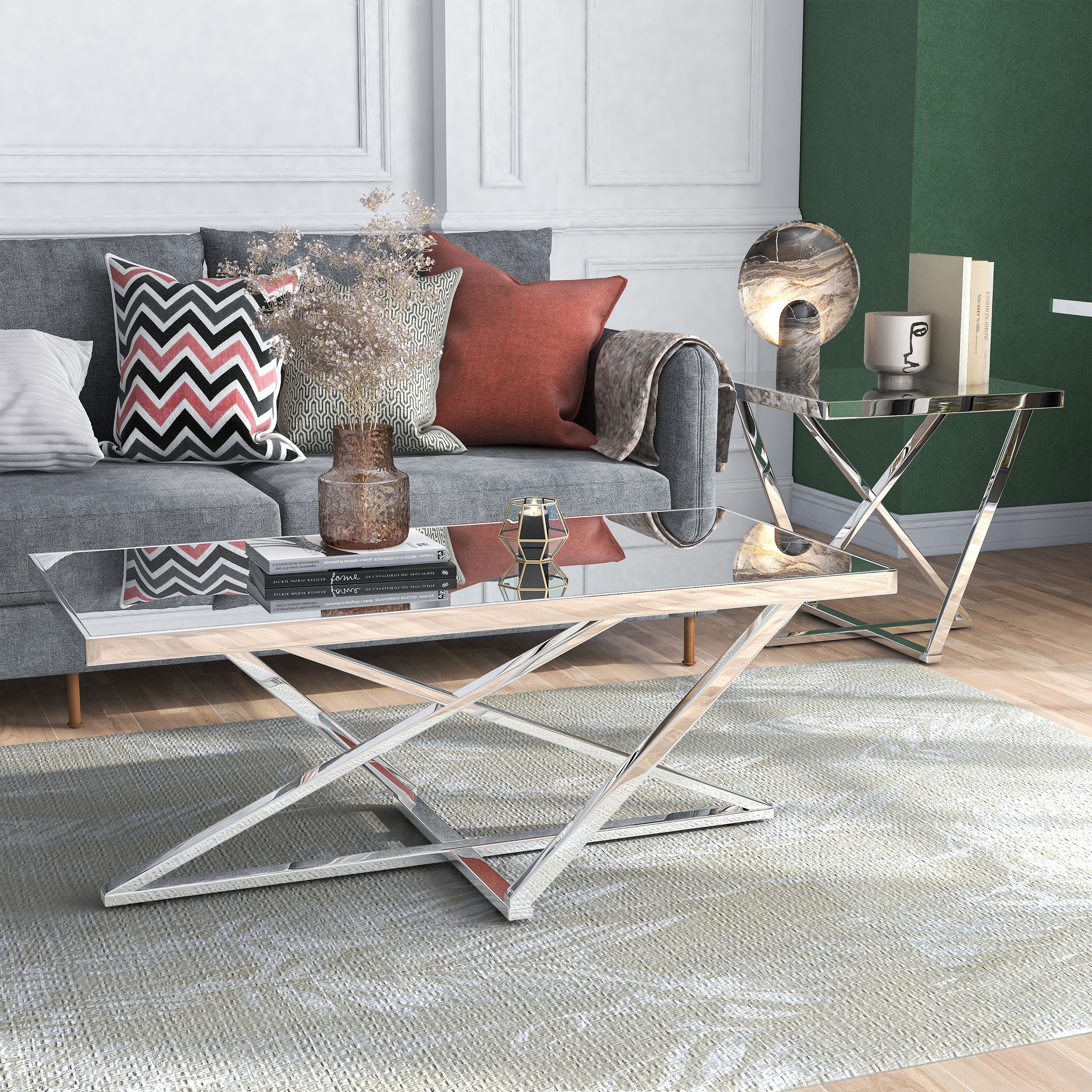 Furniture of America Starrla Glam Chrome Glass Top 2-Piece Coffee Table Set