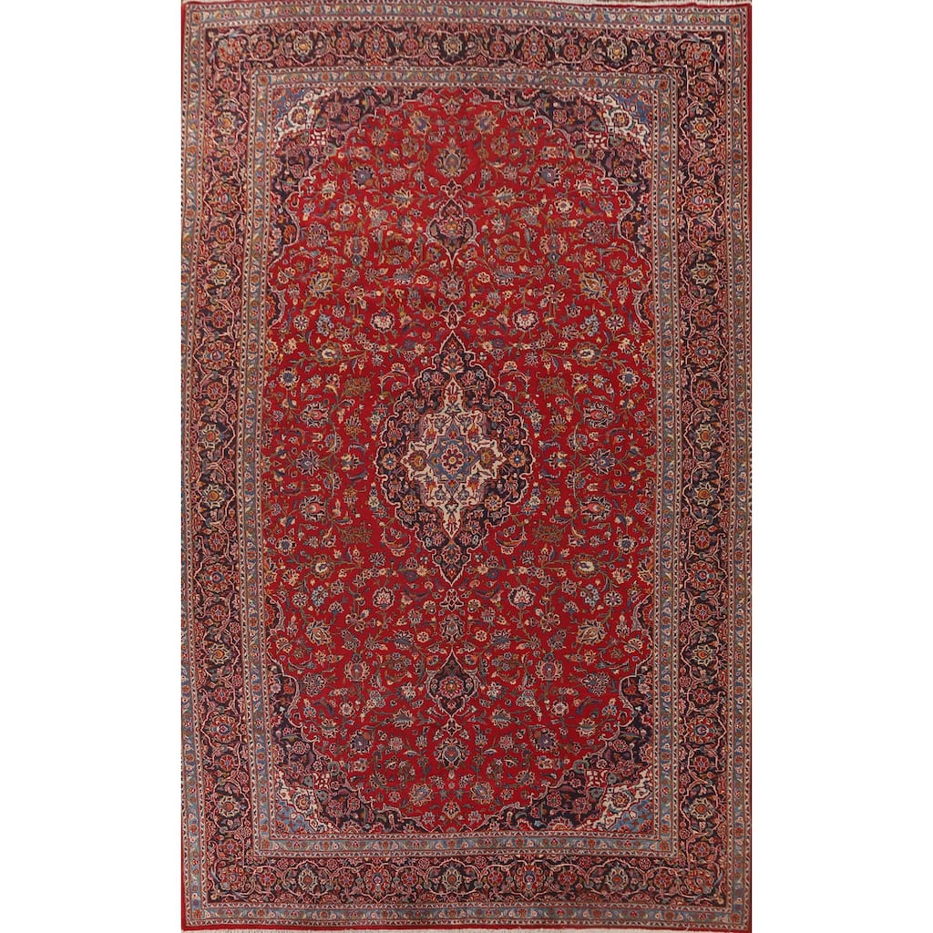 Large Traditional Red Kashan Persian Vintage Rug Handmade Wool Carpet - 9'7" x 15'9"
