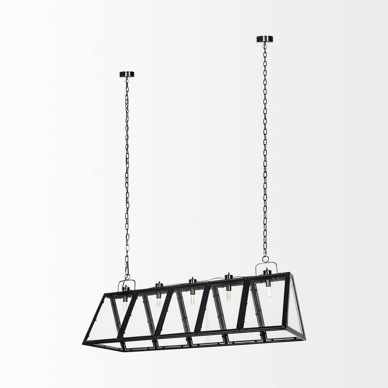 Antigon II (50"L x 19"W x 14"H) Black Metal and Glass Five Bulb Chandelier - 50.0L x 19.0W x 14.0H