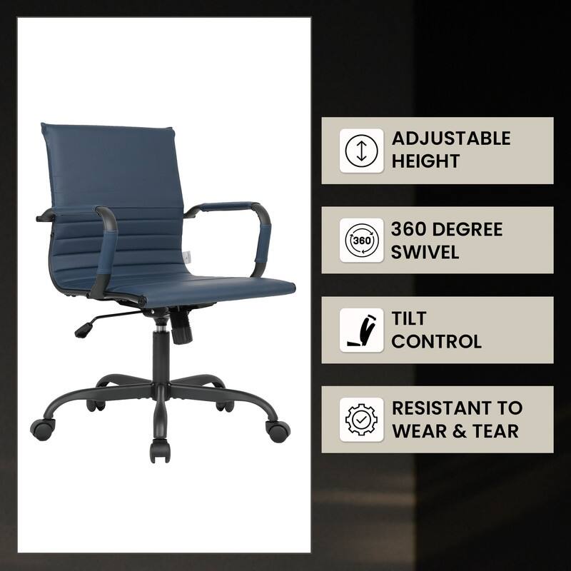 Harris Leather Mid-Back Adjustable Seat Height Office Desk Computer Swivel Chair in Black Metal Frame for Home Conference