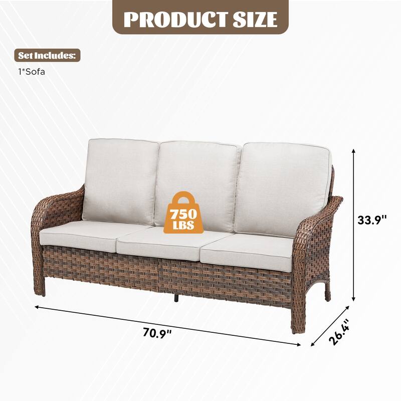 Cavira Brown Wicker Outdoor Patio 3-Seat Sofa with Olefin Cushions